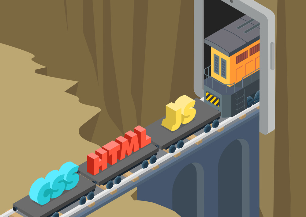Mobile web site application development CSS HTML JS flat 3d isometry isometric concept web infographics vector. Train with code language platform moving towards tunnel inside smartphone screen. Soft Skills